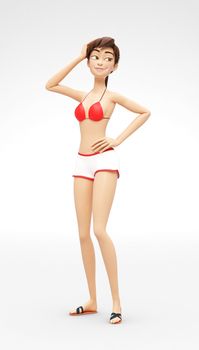 3D Rendered Animated Character in Casual Two-Piece Swimsuit Bikini, Isolated on White Spotlight Background
