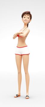 3D Rendered Animated Character in Casual Two-Piece Swimsuit Bikini, Isolated on White Spotlight Background
