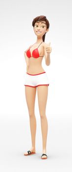 3D Rendered Animated Character in Casual Two-Piece Swimsuit Bikini, Isolated on White Spotlight Background
