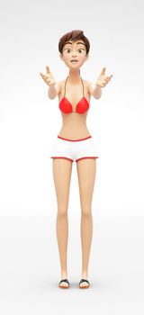 3D Rendered Animated Character in Casual Two-Piece Swimsuit Bikini, Isolated on White Spotlight Background
