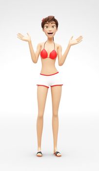 3D Rendered Animated Character in Casual Two-Piece Swimsuit Bikini, Isolated on White Spotlight Background
