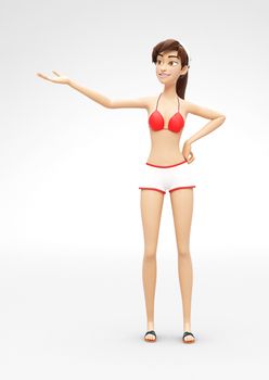 3D Rendered Animated Character in Casual Two-Piece Swimsuit Bikini, Isolated on White Spotlight Background
