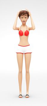 3D Rendered Animated Character in Casual Two-Piece Swimsuit Bikini, Isolated on White Spotlight Background
