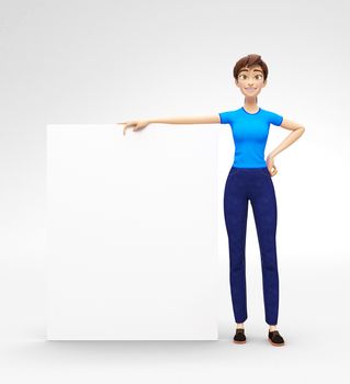 3D Rendered Product Mockup with Animated Character in Casual Clothes, Isolated on White Spotlight Background for Web, Presentation, Banner or Advertisement
