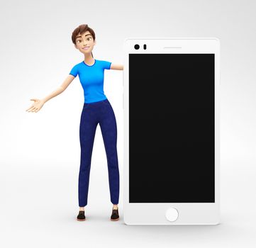 3D Rendered Product Mockup with Animated Character in Casual Clothes, Isolated on White Spotlight Background for Web, Presentation, Banner or Advertisement
