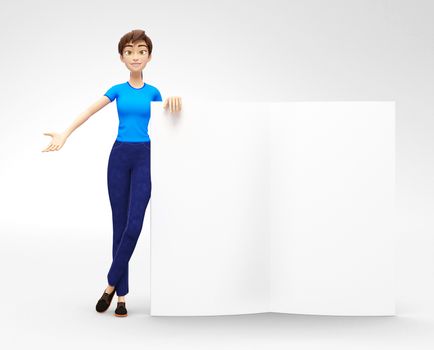 3D Rendered Product Mockup with Animated Character in Casual Clothes, Isolated on White Spotlight Background for Web, Presentation, Banner or Advertisement
