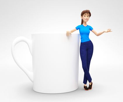 3D Rendered Product Mockup with Animated Character in Casual Clothes, Isolated on White Spotlight Background for Web, Presentation, Banner or Advertisement
