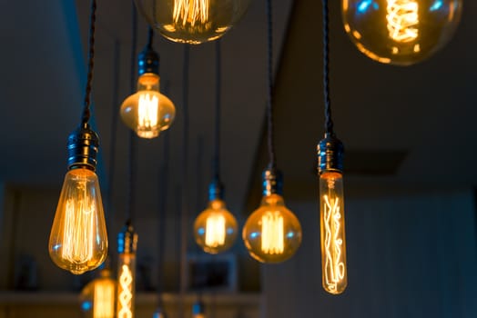 Composition of hanging lamps in retro style close-up