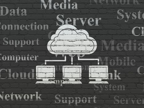Cloud computing concept: Painted white Cloud Network icon on Black Brick wall background with  Tag Cloud