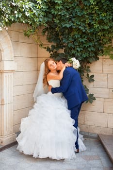 Newlyweds on a walk in the park on a warm sunny day