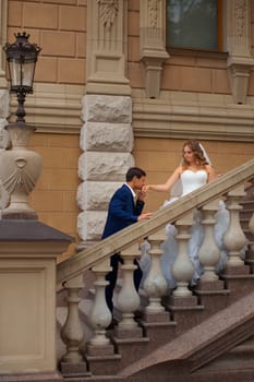 Newlyweds on a walk in the park on a warm sunny day