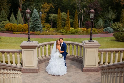 Newlyweds on a walk in the park on a warm sunny day