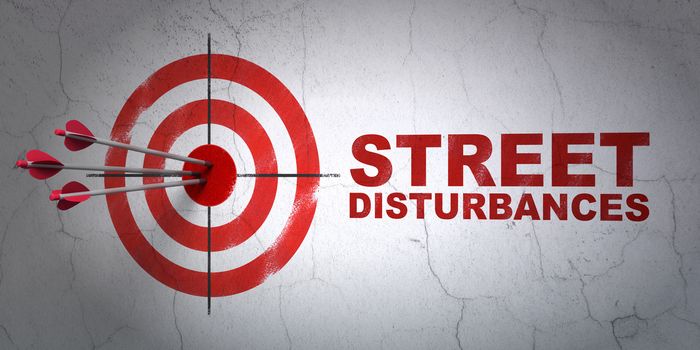 Success politics concept: arrows hitting the center of target, Red Street Disturbances on wall background, 3D rendering
