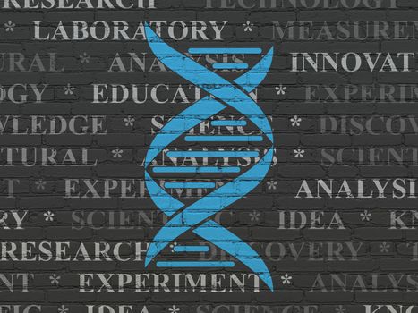 Science concept: Painted blue DNA icon on Black Brick wall background with  Tag Cloud