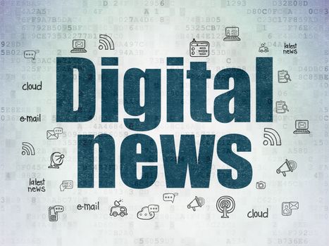News concept: Painted blue text Digital News on Digital Data Paper background with  Hand Drawn News Icons