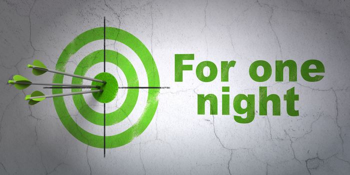 Success tourism concept: arrows hitting the center of target, Green For One Night on wall background, 3D rendering