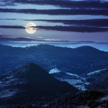 slope of mountain range with coniferous forest and village at night in full moon light