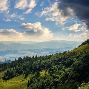 slope of mountain range with coniferous forest and village