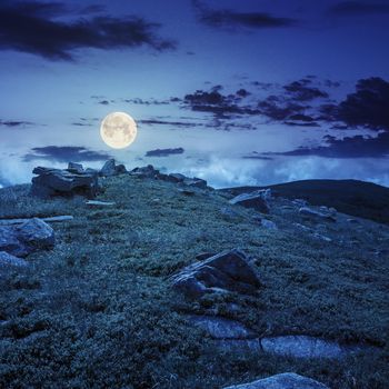 white sharp stones on the hillside  at night in full moon light