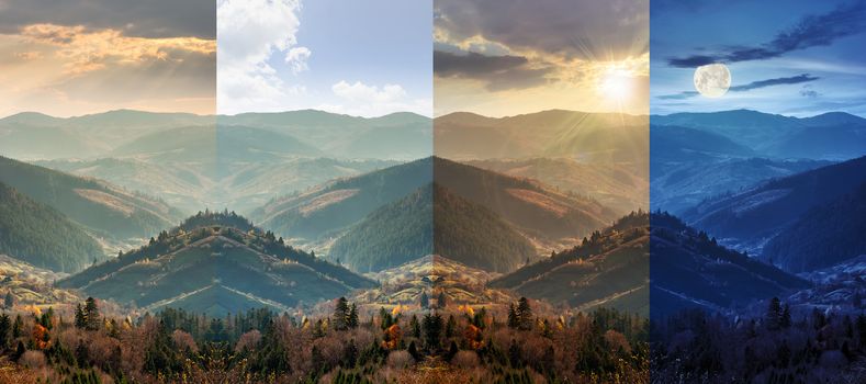 slope of mountain range with coniferous forest and village in autumn. day and night collage