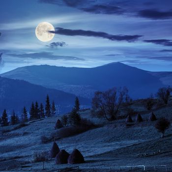 Stack of hay on a green meadow in the mountains at night in full moon light