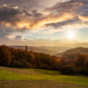 autumn landscape. village on the hillside behind forest on the mountain at sunset