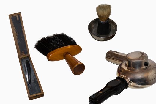 Old professional hairdressing tool and accessories