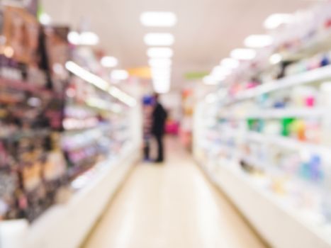 Abstract blurred supermarket aisle with colorful shelves and unrecognizable customers as background