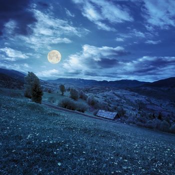 autumn landscape. village on the hillside. forest on the mountain light fall on clearing on mountains at night in full moon light
