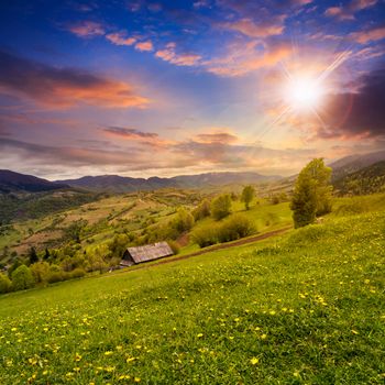 autumn landscape. village on the hillside. forest on the mountain light fall on clearing on mountains at sunset