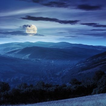 summer landscape. village on the mountain hillside with  forest in fog at night in full moon light