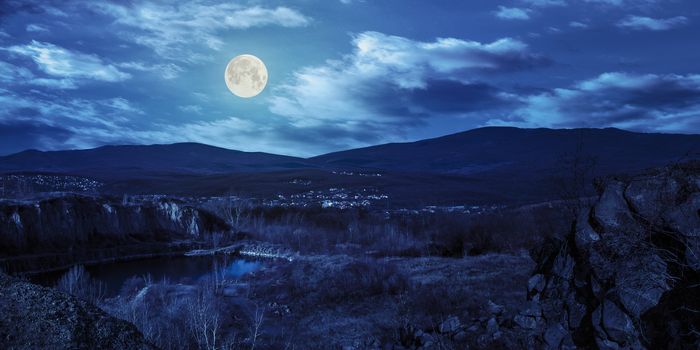 collage of small lake in an abandoned stone quarry in the mountains outside the city at night in full moon light