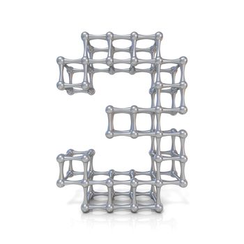 Metal lattice digit number THREE 3 3D render illustration isolated on white background