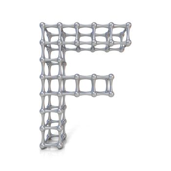 Metal lattice font letter F 3D render illustration isolated on white background