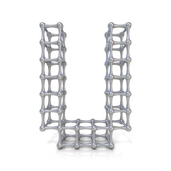 Metal lattice font letter U 3D render illustration isolated on white background
