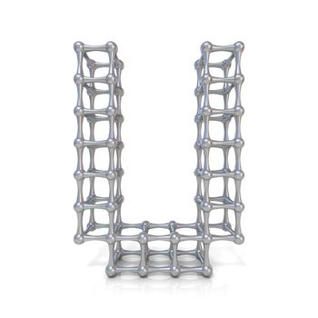 Metal lattice font letter U 3D render illustration isolated on white background