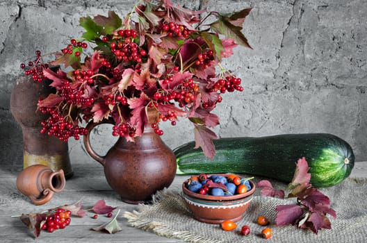 Vegetables and berries on the old boards and gray background in rustic style. Bouquet of viburnum in a jar, squash and sloe berries and rose hips.