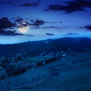 summer landscape. fence near the meadow path on the hillside. forest in fog on the mountain at night in moon light