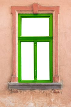 green window frame on a pink old grunge wall