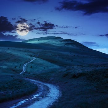 summer landscape. mountain path through the field turns uphill to the sky at night in moon light