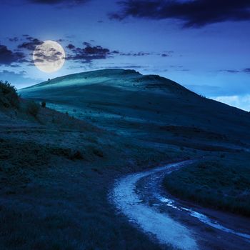 summer landscape. mountain path through the field turns uphill to the sky at night in moon light