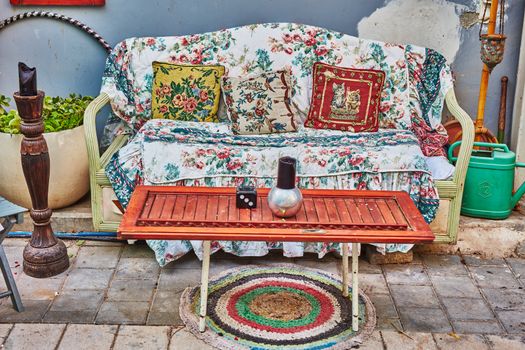 Sofa standing outdoor at a decorated yard