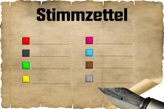Stimmzettel oder auch Wahlzettel genannt mit verschieden farbigen Kästchen zum Auswählen.
