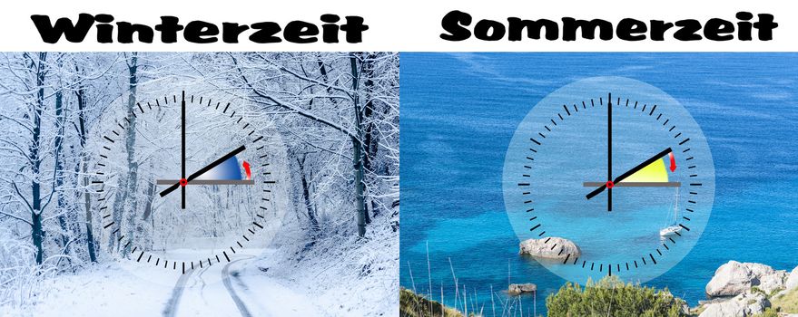 Darstellung Winterzeit vs Sommerzeit, Ziffernblatt mit Minutenzeiger und rotem Sekundenzeiger.  Texfreiraum vor Himmel und Wolkenhintergrund.
