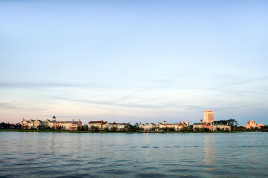 Buildings on the horizon of a lake