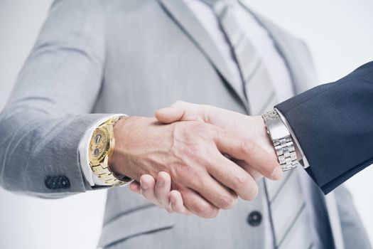 Closeup of a business hand shake between two colleagues