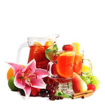 Jar of summer juice lemonade juice or sangria with fruits isolated on white background