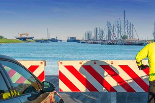 Port entrance from the IJsselmeer in the Amsterdam harbor direction Sixhaven, Netherlands.