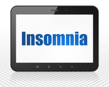 Medicine concept: Tablet Pc Computer with blue text Insomnia on display, 3D rendering
