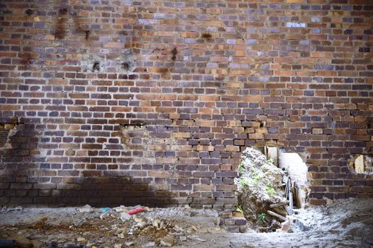 wide angle view of an old wall abandoned factory building